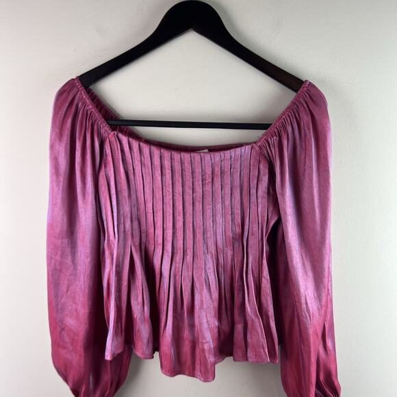 Altard State Top M Crop Balloon Sleeve Square Neck Smocked Iridescent Pink - Picture 2 of 8